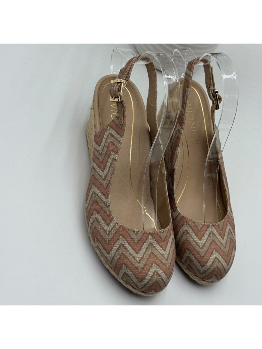 Vionic Coralina Espadrille Slingback Sandal Women's 8 Beige Chevron Wedge Heel